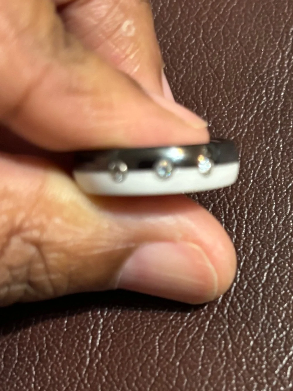 White & Black Ceramic Ring with Clear Stone Accents